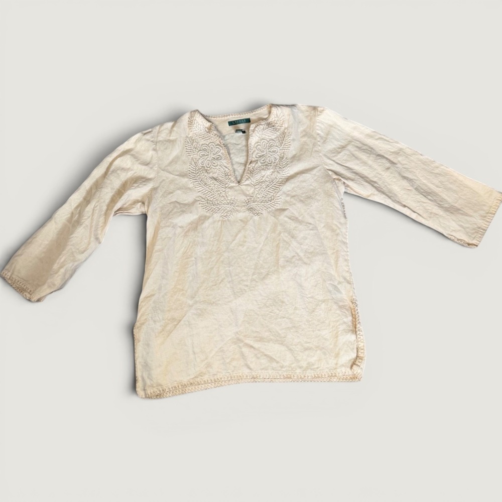 Lauren Ralph Lauren Linen Tunic Top Womens L Cream Embroidered Boho V Neck
